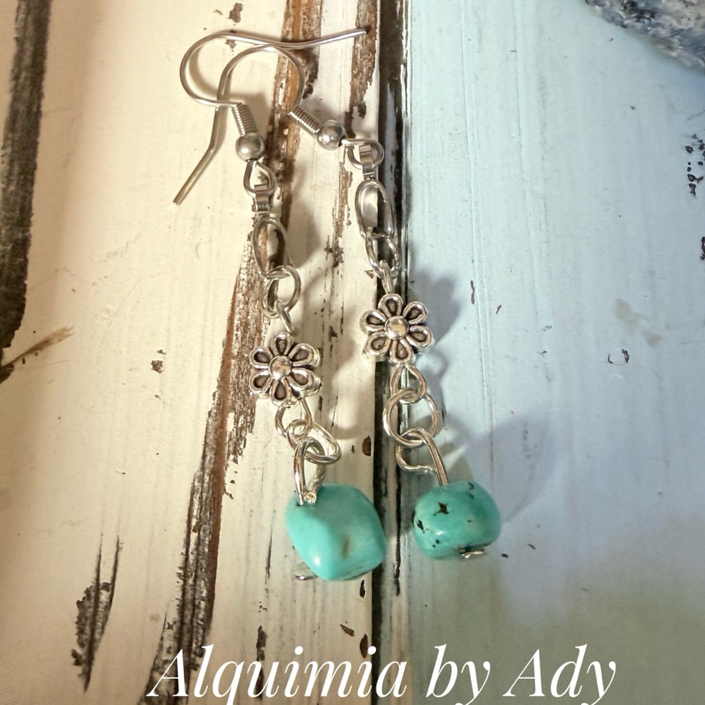 Turquoise Stone Earrings — Silver Flower Charms, Chain Dangles